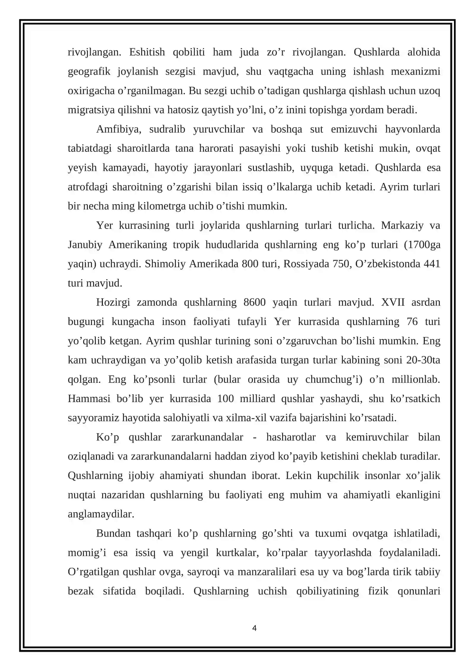 “NAMANGAN VILOYATIDA KENG TARQALGAN QUSHLAR VA ULARNING BIOEKOLOGIK XUSUSIYATLARI” MAVZUSIDAGI KURS ISHI 4