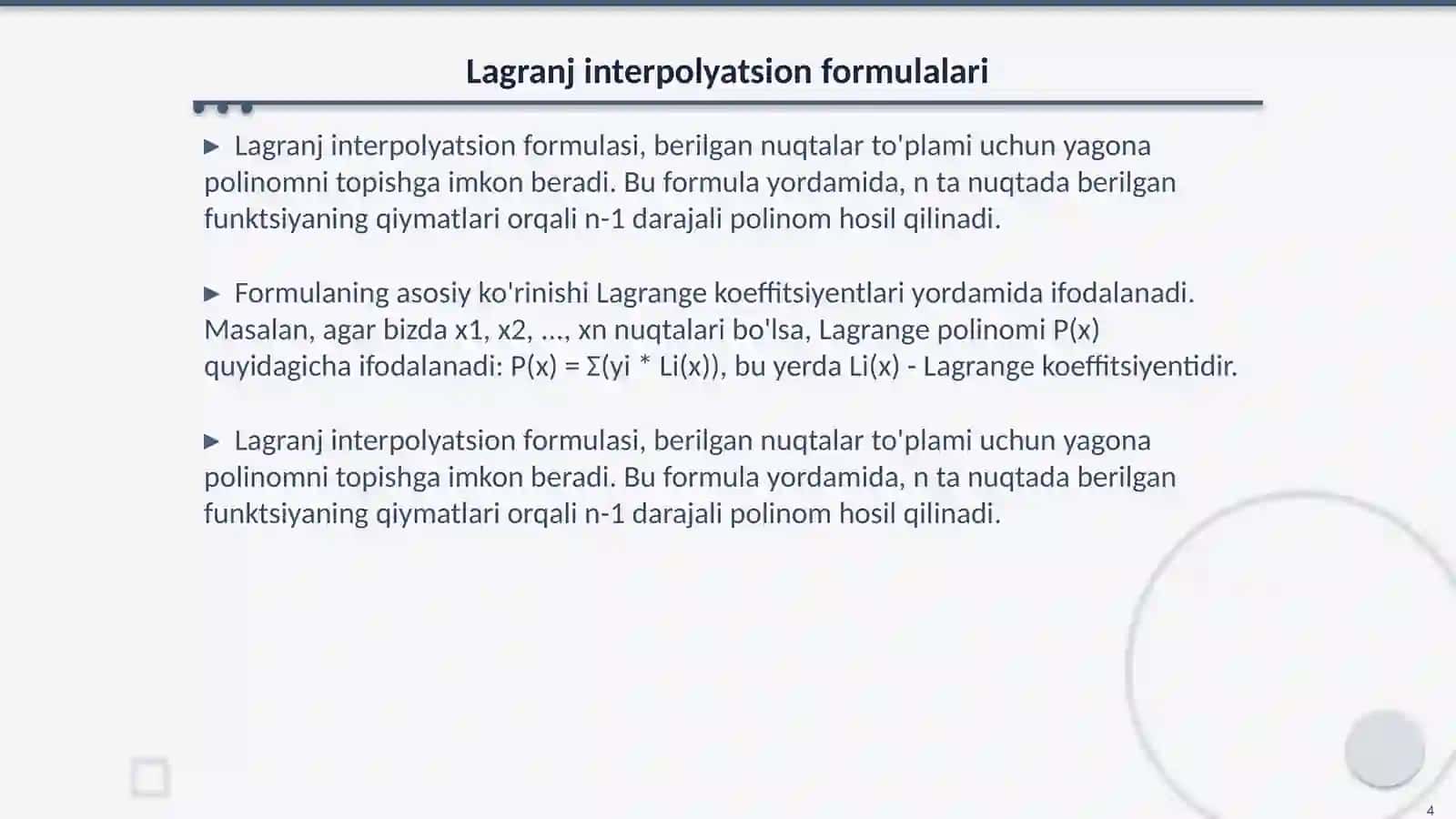 Interpolyatsiyalash. Lagranjning va Nyutonning interpolyatsion formulalari 4