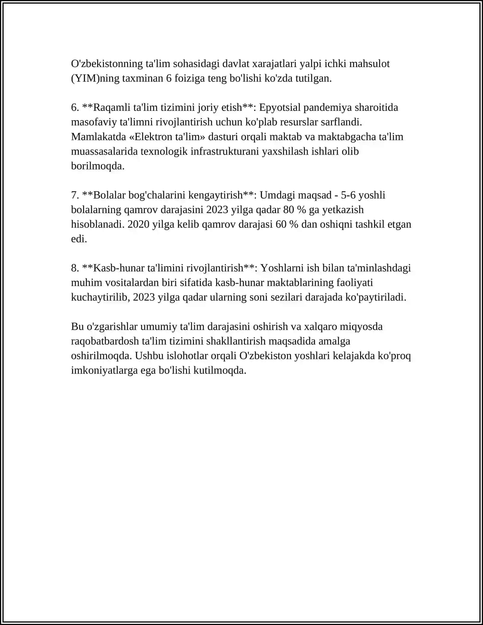 O'ZBEKISTONDA IJTIMOIY SOHADA AMALGA OSHIRILAYOTGAN O'ZGARISHLAR MAZMUN VA MOHIYATI 4
