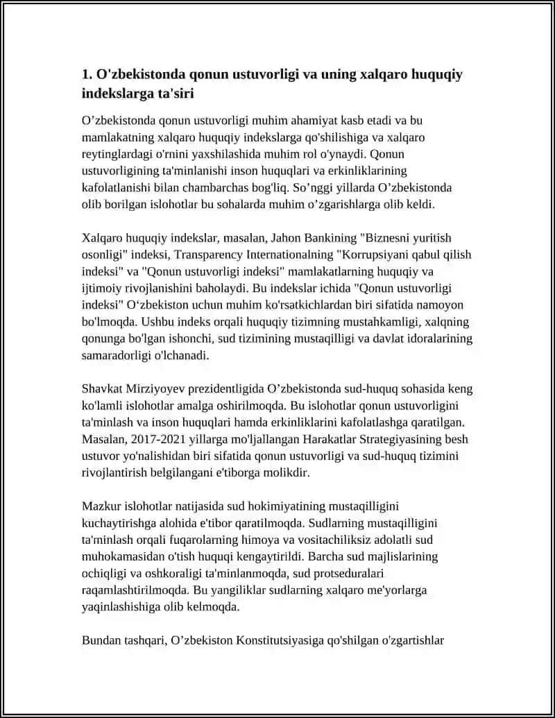 O'ZBEKISTONDA INSON HAQ-HUQUQLARI VA ERKINLIKLARI KAFOLATINING YANGI O'ZBEKISTON IJTIMOIY-SIYOSIY,IQTISODIY VA MADANIY HAYOTIDA RO'Y BERAYOTGAN O'ZGARISHLARNING XALQARO REYTING VA INDEKSLARIDA AKS ETISHI 4