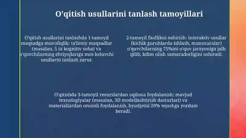 Ta’lim maqsadlarini belgilash va o‘qitishning samarali usul hamda vositalarini tanlash metodikasi 4