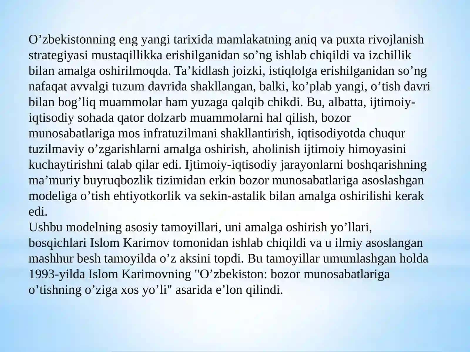 IQTISODIY ISLOHOTLAR XUSUSIY MULKCHILIKNING SHAKLLANISHI. O‘ZBEKISTONDA BOZOR MUNOSABATLARINING SHAKLLANISHI. 4