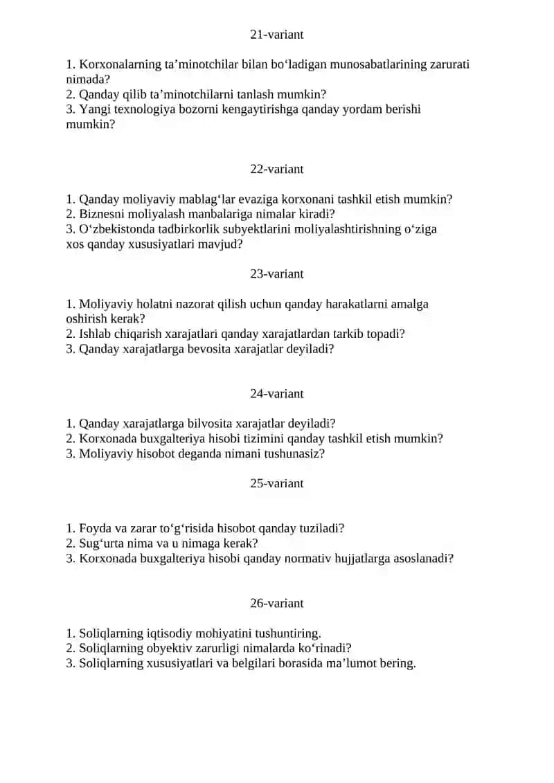 “ Tadbirkorlik va ishga joylashtirish texnalogiyasi asoslari” fanidan yakuniy nazorat test savollari 4