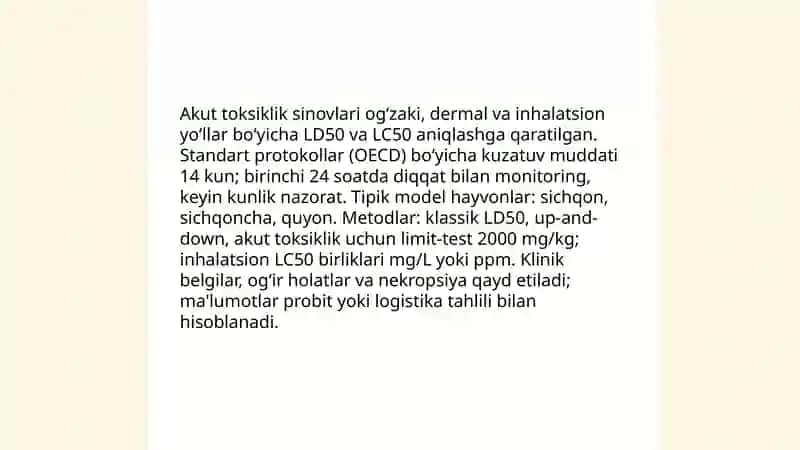 Ishlab chiqarishda yangi kimyoviy moddalarni amaliyotga tadbiq qilinishida toksikologik tadqiqotlarni o'tkazish 4