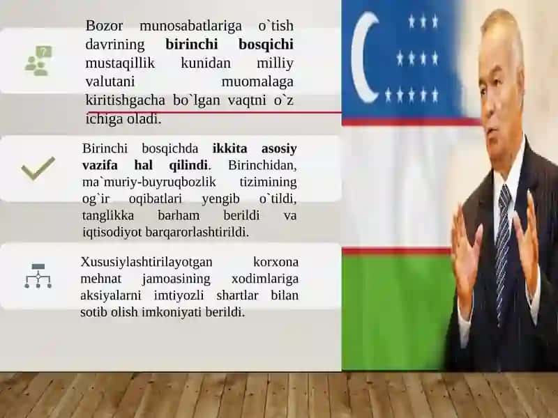 IQTISODIY ISLOHOTLAR, XUSUSIY MULKCHILIKNING SHAKLLANISHI. O‘ZBEKISTONDA BOZOR MUNOSABATLARINING RIVOJLANISHI 4