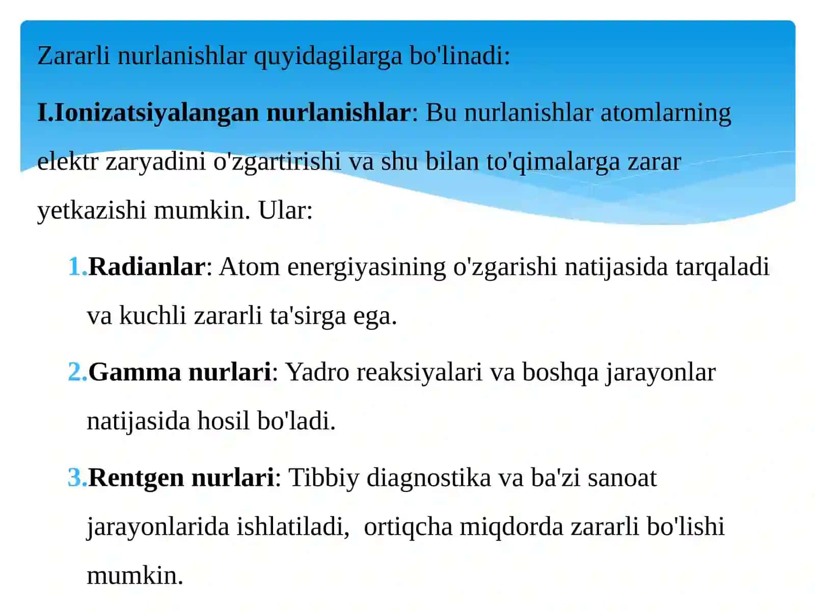 Zararli nurlanishlar, ularning xususiyatlari va inson organizmiga ta’siri 4