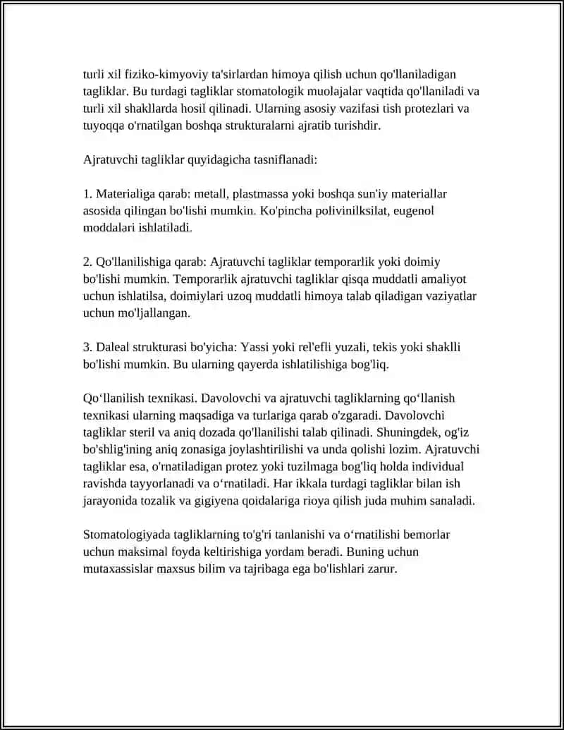 STOMATOLOGIYADA DAVOLOVCHI VA AJRATUVCHI TAGLIKLAR. TARKIBI VA QO‘LLANILISHI.QO‘YISH TEXNIKASI 4