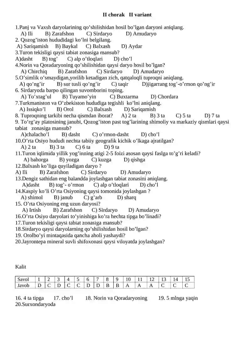 7 sinf geografiya I chorak I variant 4