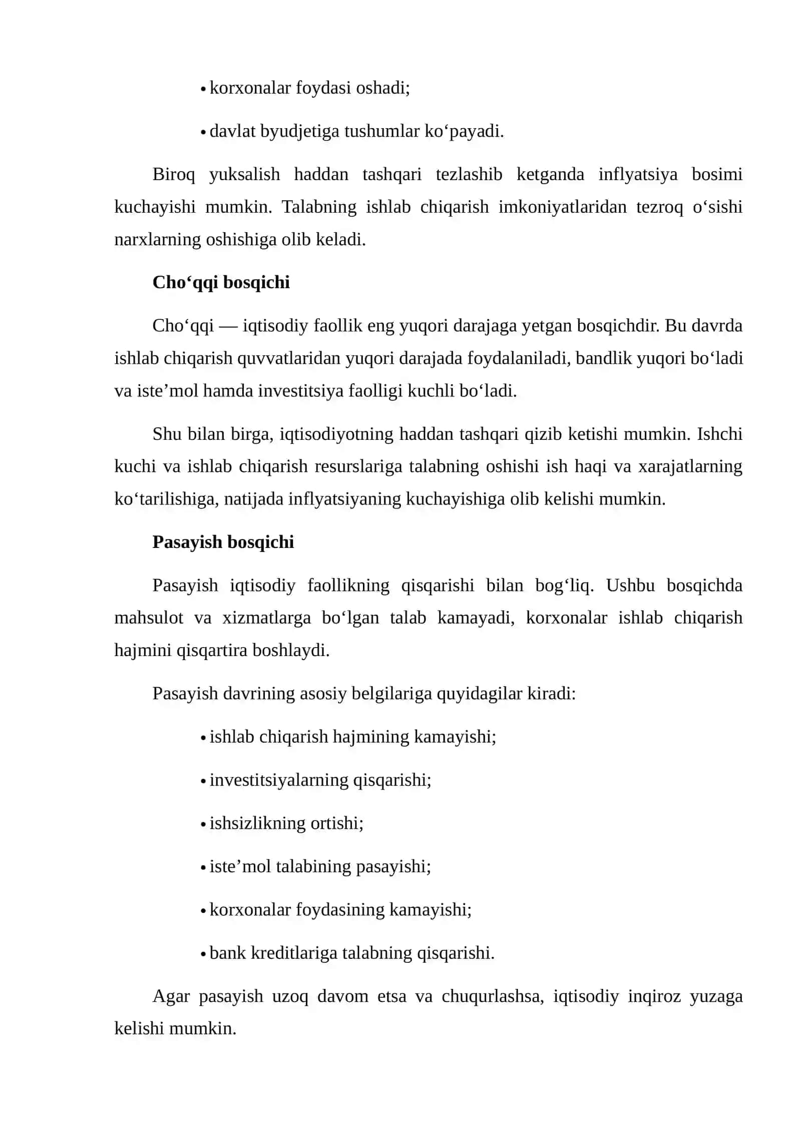 IQTISODIY SIKLLAR, INQIROZ, TIKLANISH, YUKSALISH VA PASAYISHNING ASOSIY XUSUSIYATLARI 4
