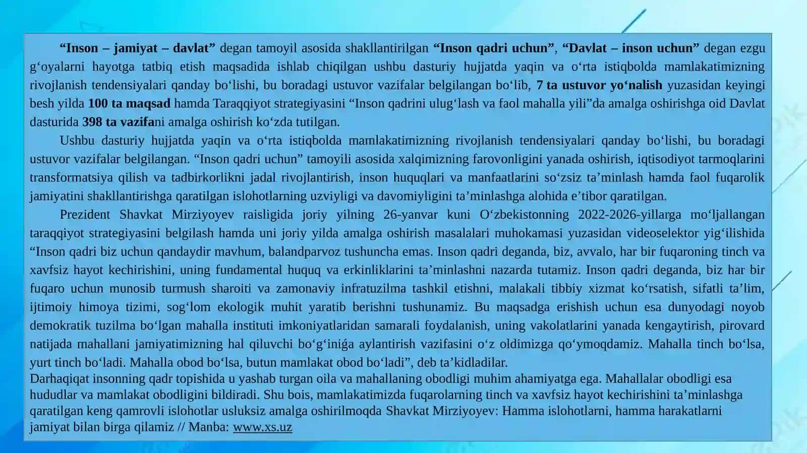 YANGI OʻZBEKISTONNING TARAQQIYOTSTRATEGIYASI – FAROVON KELAJAGIMIZKAFOLATI 4