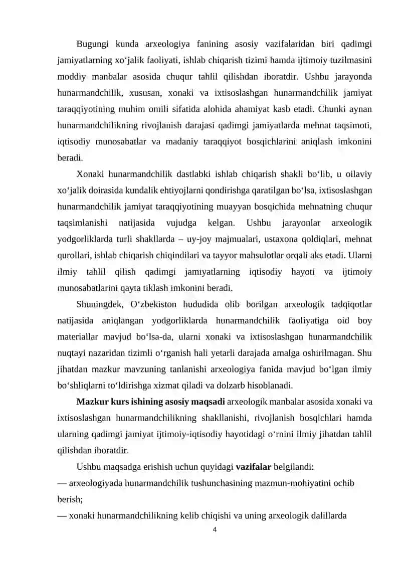 ARXEOLOGIYADA XONAKI VA IXTISOSLASHGAN HUNARMANDCHILIK KURS ISHI 4
