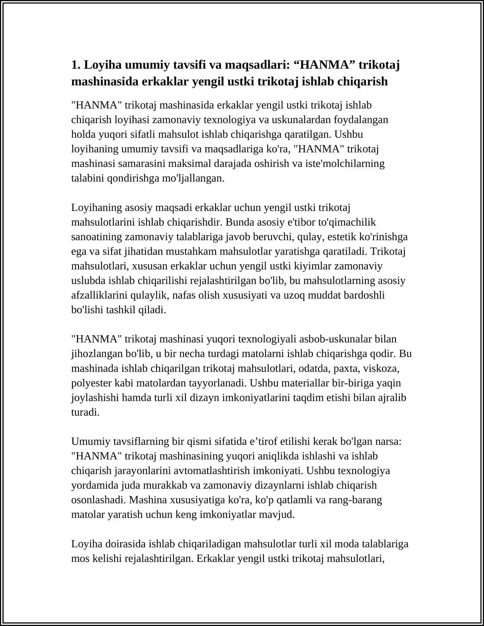 ZAMONAVIY "HANMA" TRIKOTAJ MASHINASIDA ERKAKLAR YENGIL USTKI TRIKOTAJ MAHSULOTINI ISHLAB CHIQARISHGA IXTISOSLASHGAN KORXONANI LOYIHALASH 4