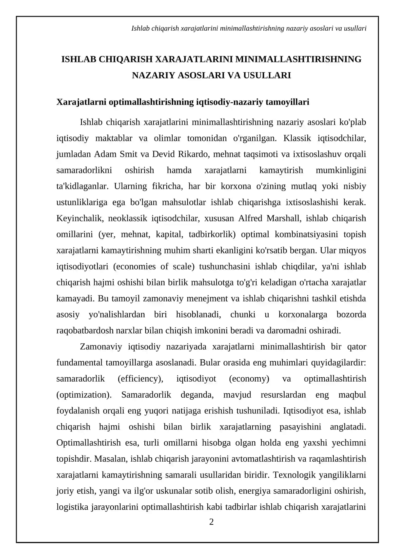 Ishlab chiqarish xarajatlarini minimillashtirish shartlari va korxonaning zararsiz ishlash nuqtasimi hisoblash yo'llari 4