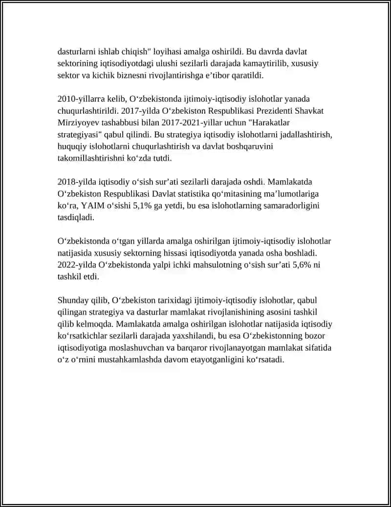 IQTISODIY ISLOHOTLAR, XUSUSIY MULKNING MUAFIQLASHISHI. O'ZBEKISTONDA BOZOR ISHTIROKCHILARINING RIVOJLANISHI 4