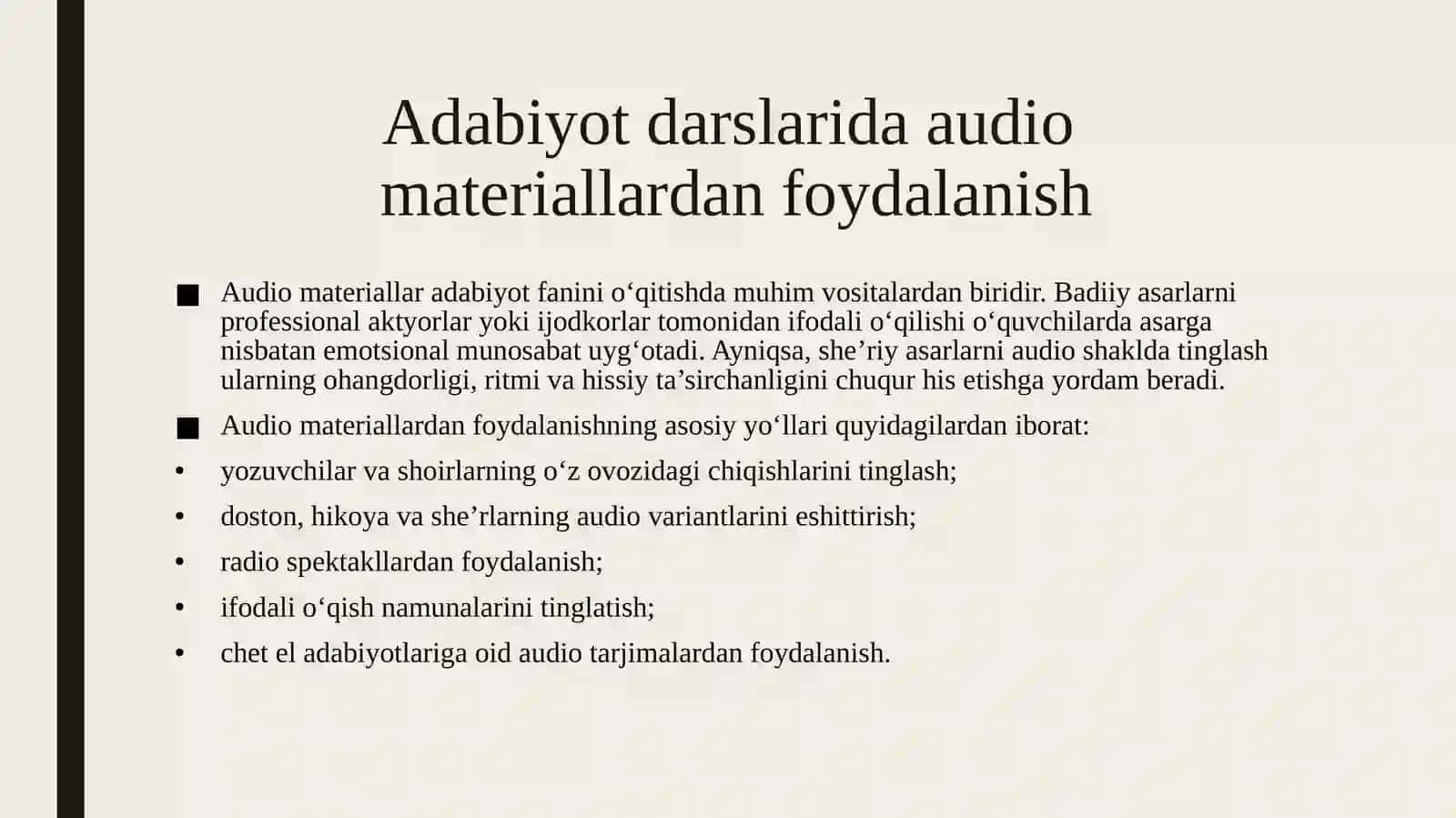 ADABIYOT DARSLARIDA AUDIO, VIDEO MATERILLARIDAN DARSLIK VA QO'LLANMALARNING ELEKTRON VERSIYALARIDAN FOYDALANISH YO'LLARI. 4