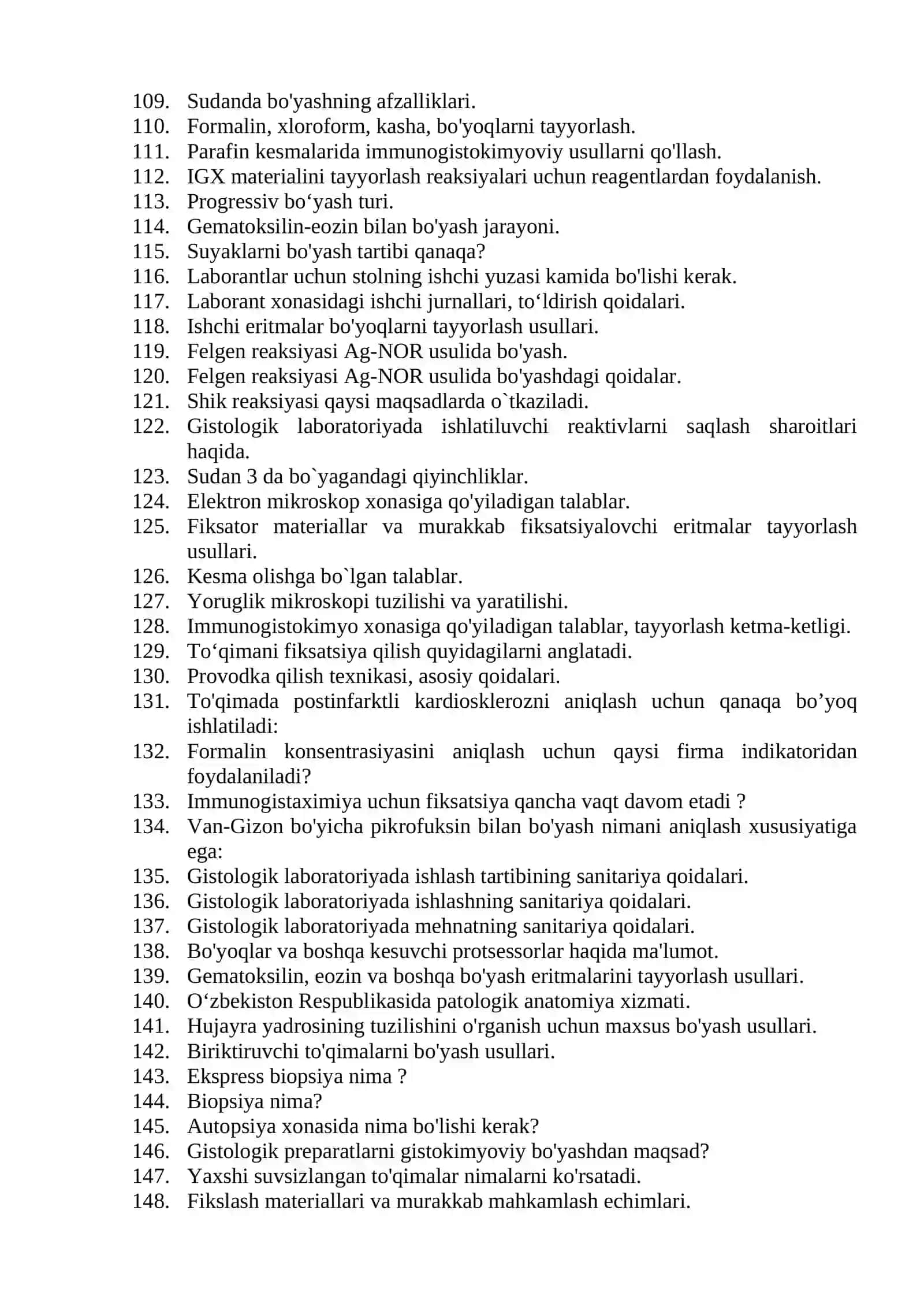 Laboratoriya ishi (Patologik anatomiya laboratoriyalari laboranti) mutaxassisligi bo’yicha shakllantirilgan og’zaki savollar ro’yxati 4