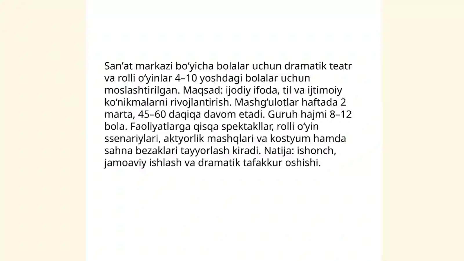 Sanʼat markazida yosh bolajonlar uchun rassomchilik darslari 4