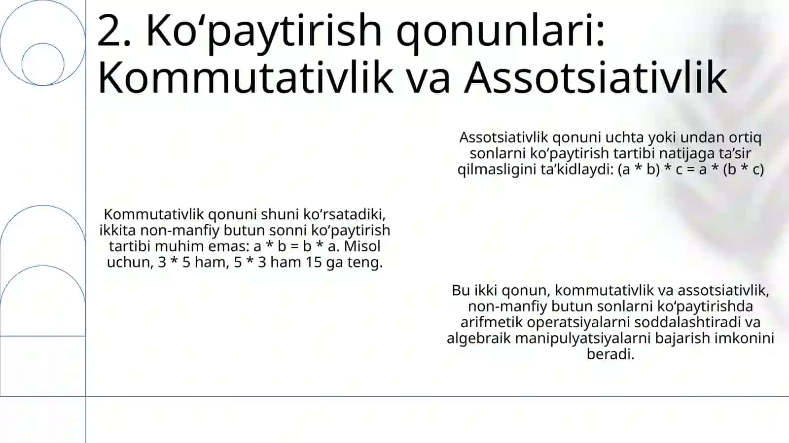 Nomanfiy butun sonlarni ko‘paytirish amalining aksiomatik taʼrifi. Ko‘paytirish qonunlari 4