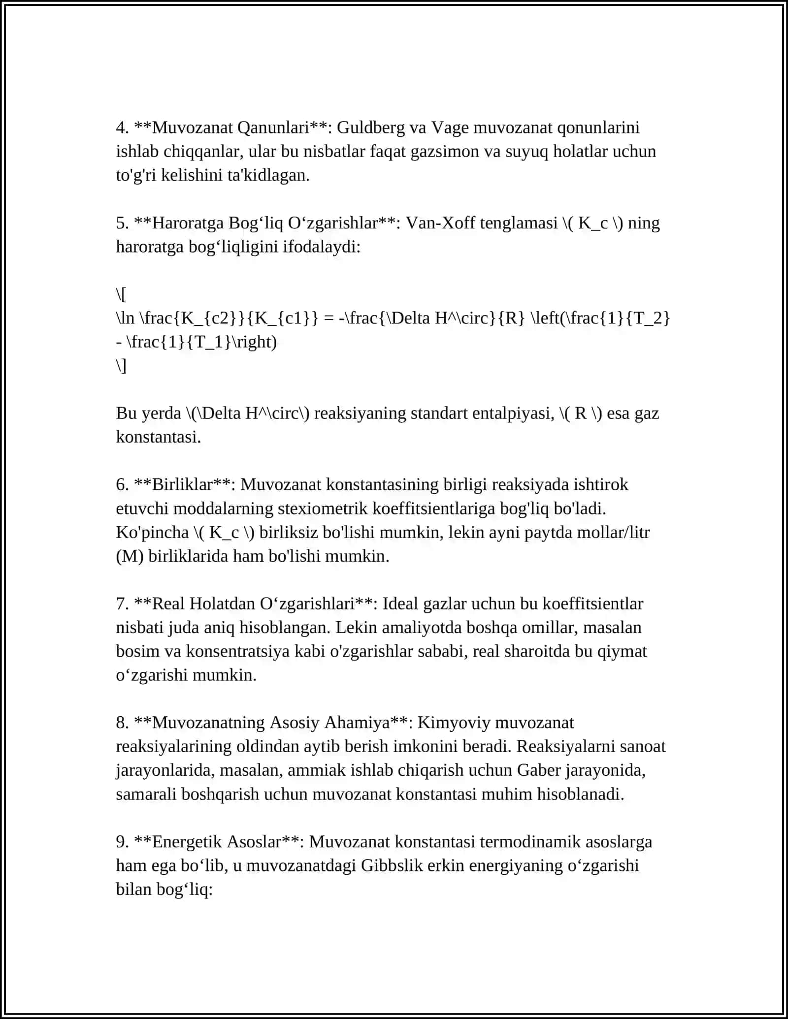 MUVOZANAT KONSTANTASINI HISOBLASHDA REAKSIYANING STANDART HOLATDAGI ENTALPIYASI VA ENTROPIYASI QIYMATLARIDAN FOYDALANISH 4