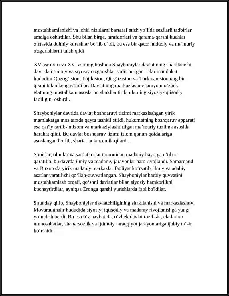OʻZBEK DAVLATCHILIGINING SHAKLLANISHI VA TARAQQIYOT BOSQICHLARI XVI-XX 4