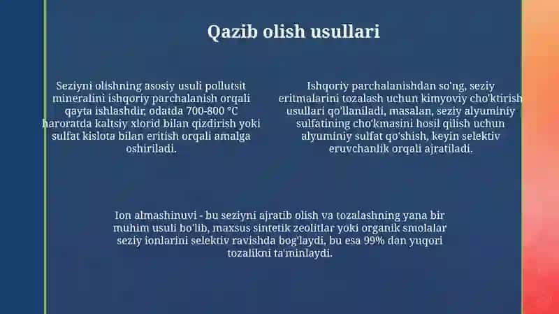 Seziy va uning xossalari olinishi 4