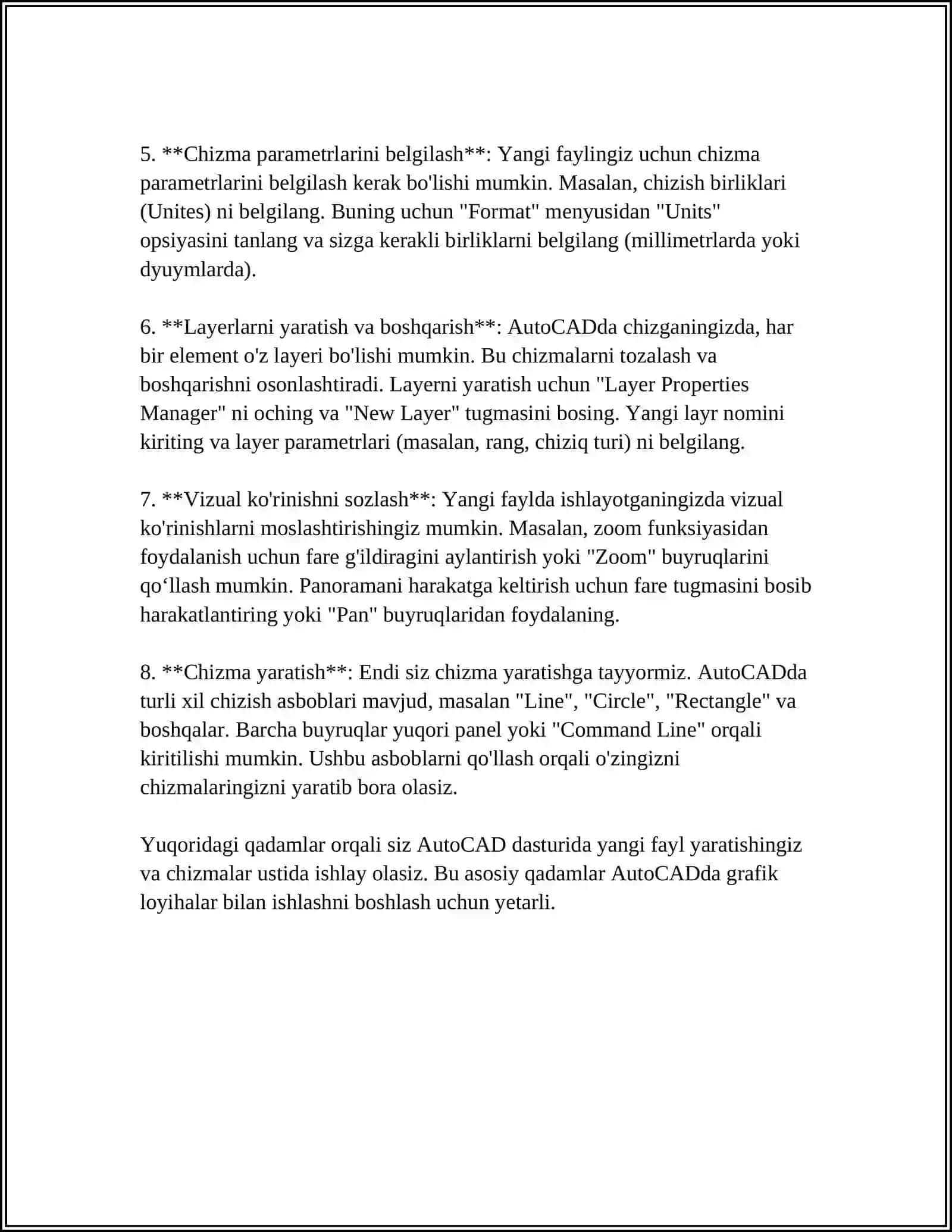 MAVZULI KARTALARNI RANGLI JIHOZLASH LOYIHASINI ISHLAB CHIQISH.AUTOCAD TAVSIFI DISPLAY ASBOBLAR PANELI YORLIQLAR MALUMOTLARNI KIRITISH..YANGI,OCHISH,SAQLASH VA CHIQISH BUYRUQLARI. ADOBE PHOTOSHOP DASTURIDA RANG VA EFFEKTLAR BILANG ISHLASH 4