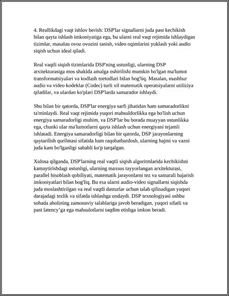 REAL VAQTLI SIQISH ALGORITMLARIDA DSP'LARNING USTUNLIGI 4