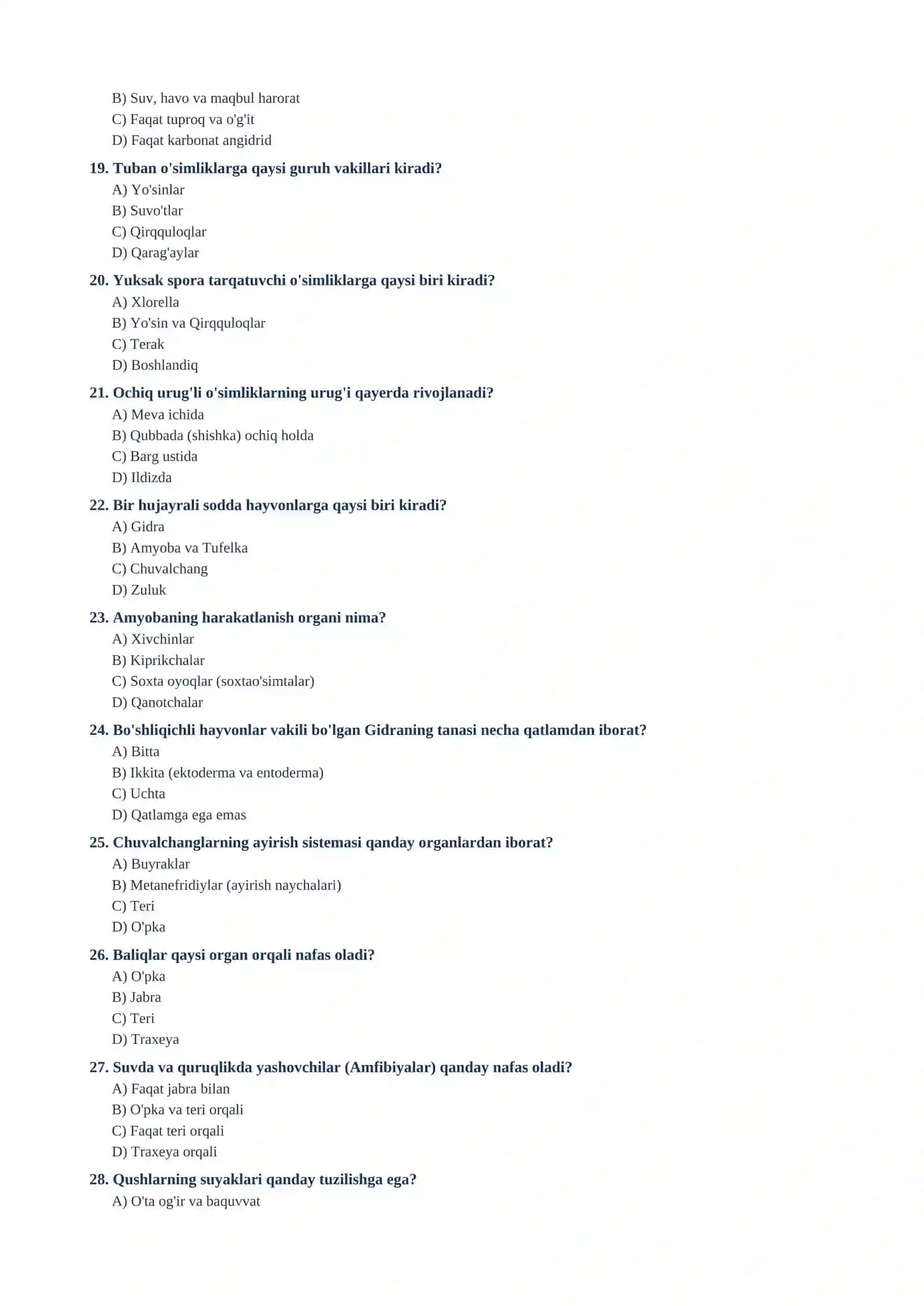 5- sinf Biologiya , mavzulashtirilgan testlar to'plami 4