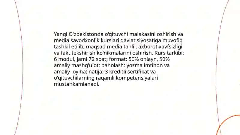 Yangi O'zbekistonda " Media savodxonlik va axborot madaniyatiyati" fanining o'quv dasturi 4