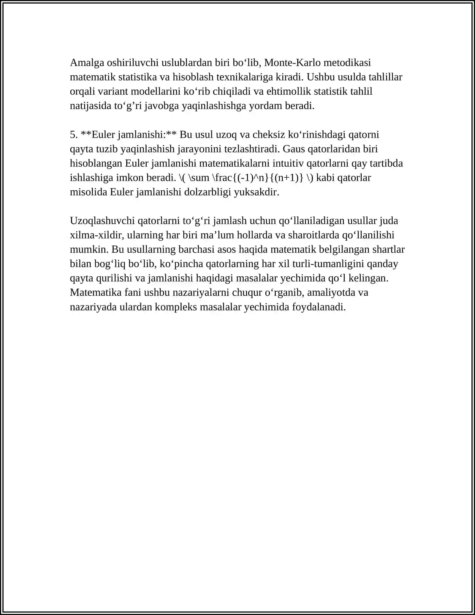 Uzoqlashuvchi qatorlarni jamlash E. Chexaro, N. Abel usuli. Cheksiz ko'paytmalar 4