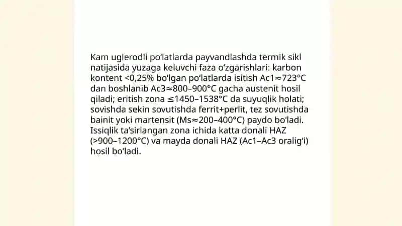 Kam uglerodli po‘latni payvandlashda chok metalining mikrostrukturasi va termik zonasi ta’sirlanishi 4