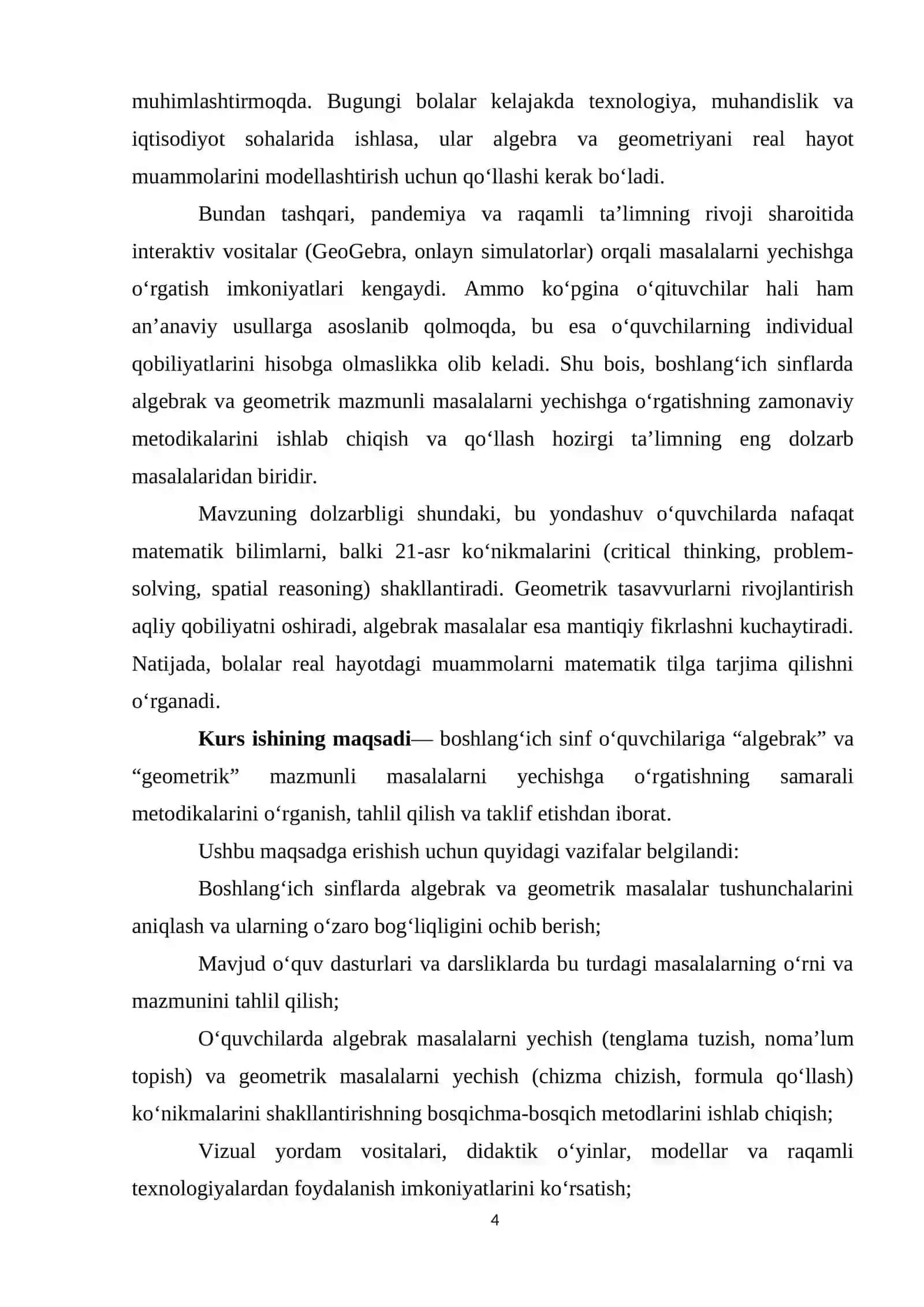 Algebrak” va “Geometrik” mazmunli masalalarni yechishga o‘rgatish metodikasi 4