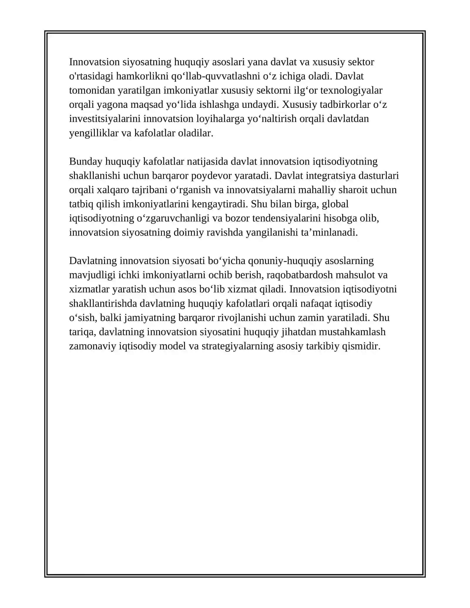 INNOVATSION IQTISODIYOTNI SHAKLLANTIRISHDA DAVLATNING O‘RNI (QONUNIY-HUQUQIY KAFOLAT, SOLIQLAR ORQALI TARTIBGA SOLISH, RAG‘BATLANTIRISH TIZIMI) 4