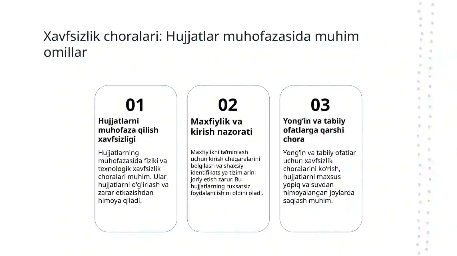 Hujjatlar foydalanish Hujjatlarga ishlov berish jarayonlarida ularni saqlovini ta'minlash 4