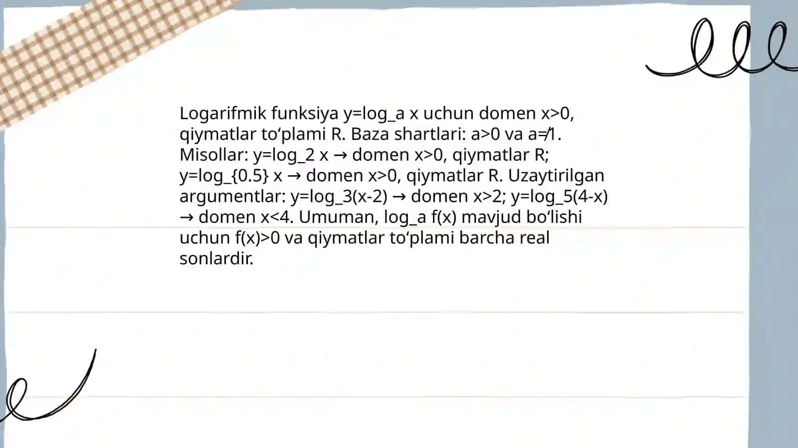 Logarifmik funksiyalar va ularning xossalariga oid misollar yechish 4