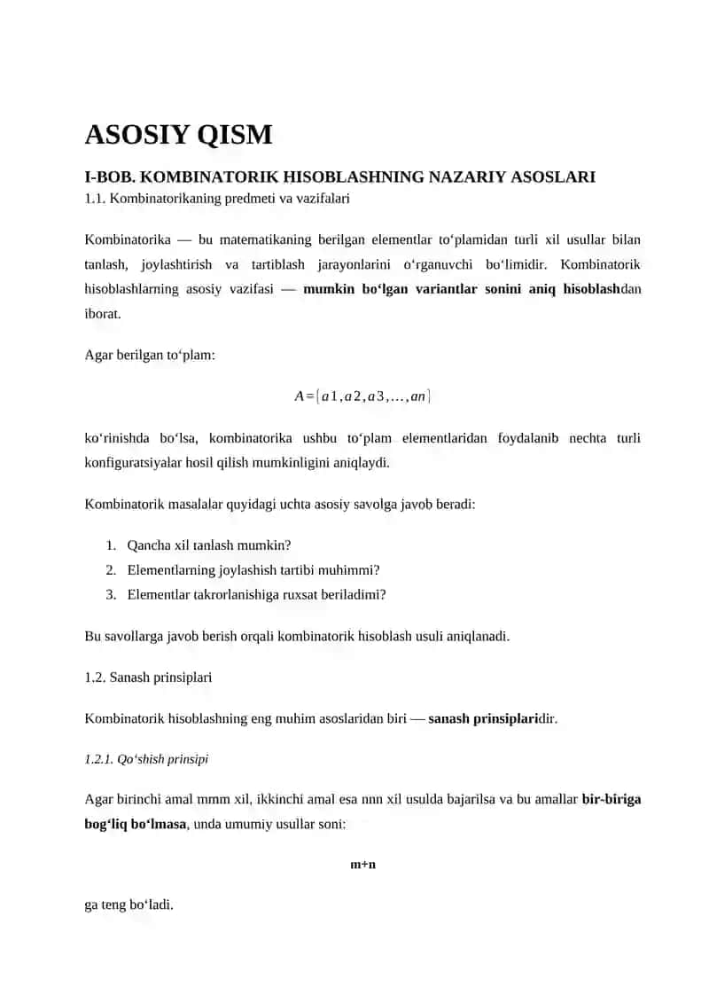 Kombinatorik hisoblashda o‘rinlashtirish va o‘rin almashtirish tushunchalari, Takroriy va takroriy bo‘lmagan o‘rinlashtirish va o‘rin almashtirishlar sonlarini hisoblash formuldari va ularga doir misollar. 4