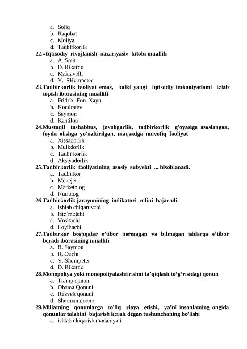 Tadbirkorlik asoslari fanining predmeti mavzusidan testlar 4