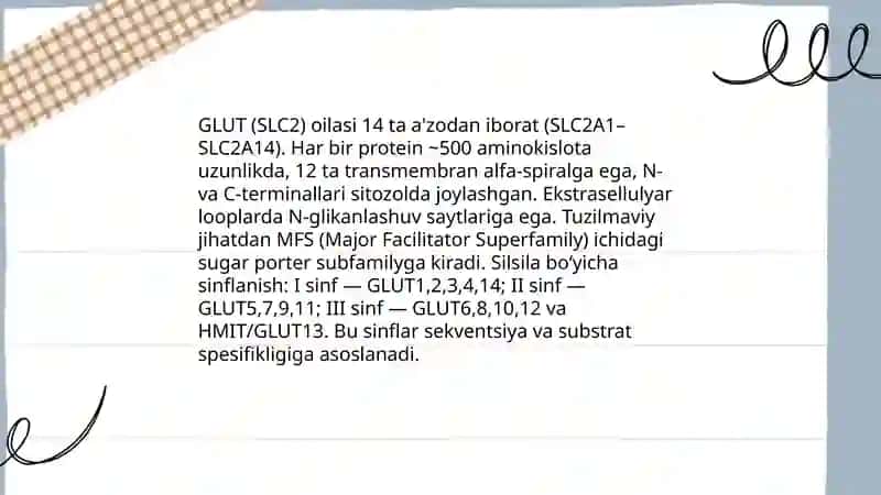 Glyukoza tashuvchilarining tuzilishi, spesifikligi, kilinik ahamiyati. 4