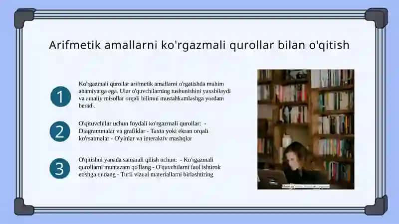 Arifmetik amallar bajarish metodikasi Arifmetik amallarning konsentrlar bo'yicha o'qitishda ko'rgazmali qurollardan foydalanish 4