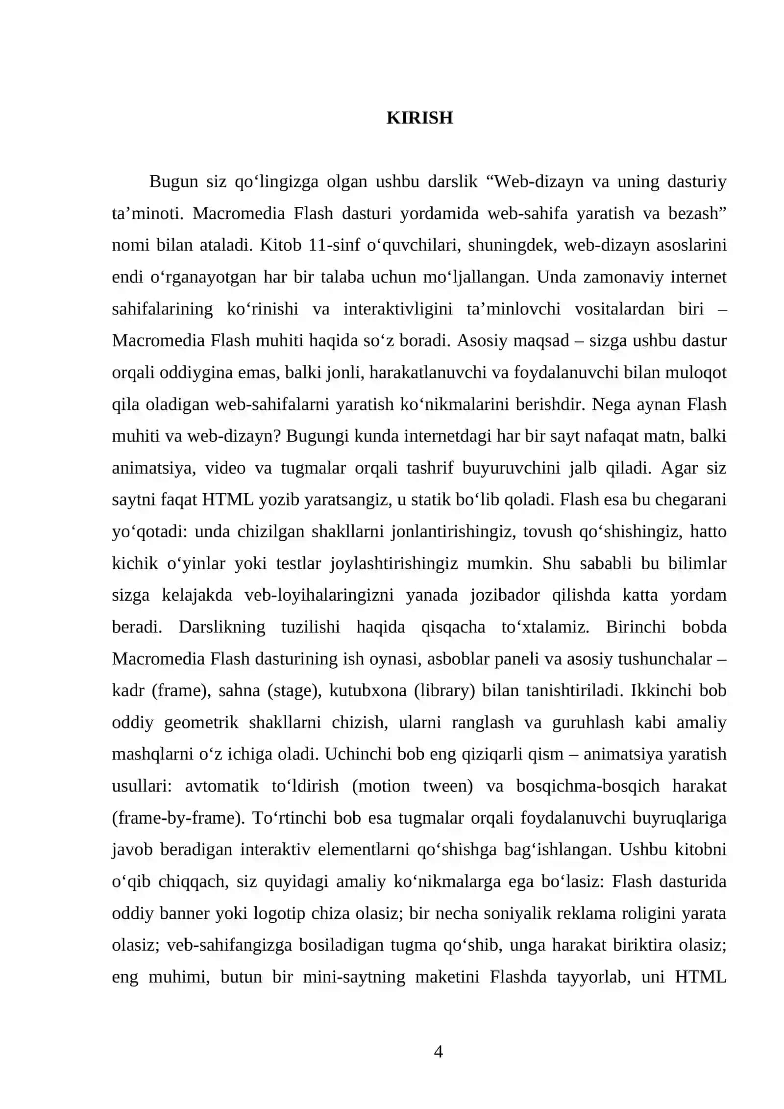 WEB-DIZAYN VA UNING DASTURIY TA’MINOTI. MACROMEDIA FLASH DASTURI YORDAMIDA WEB-SAHIFA YARATISH VA BEZASH 11-SINF 4