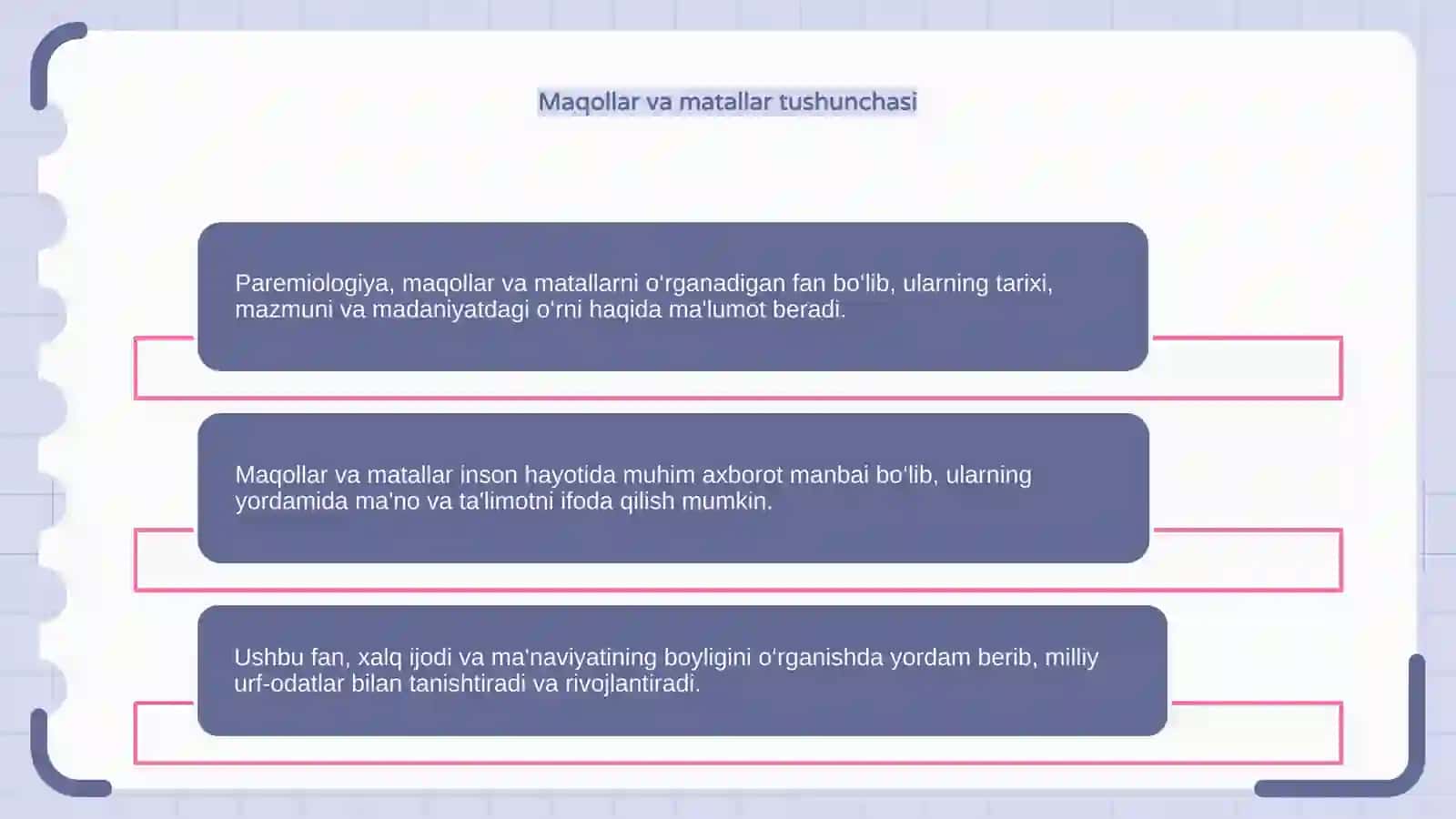 Paremiologiya — maqollar va matallarni o‘rganadigan fan 4