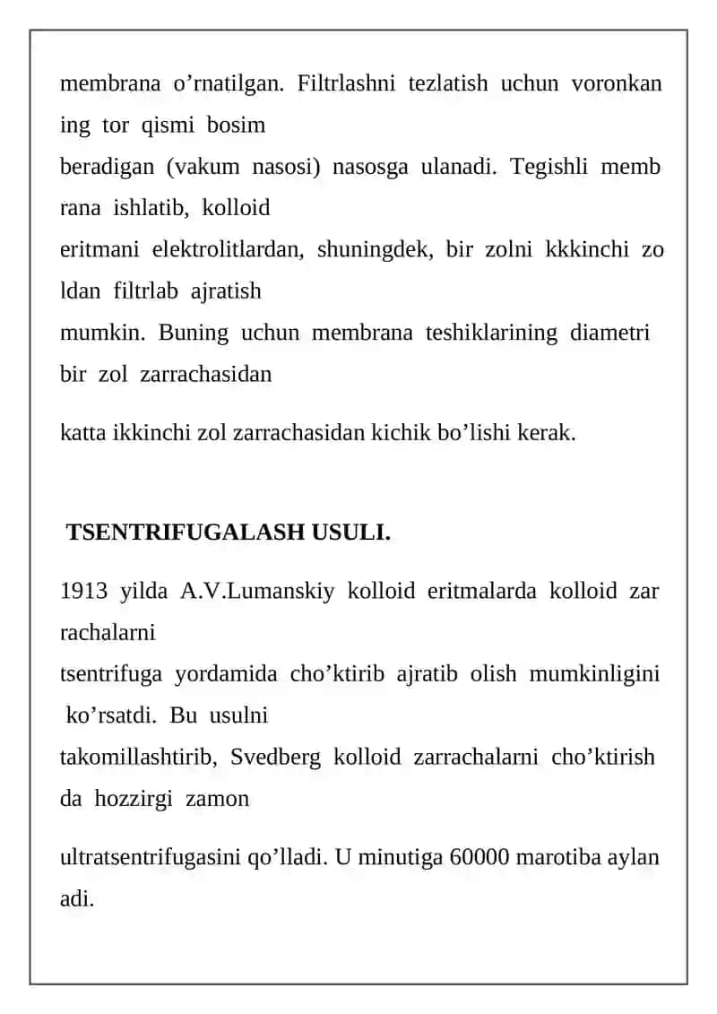 Kolloid sistemalarini dializ usuli bilan tozalash 4