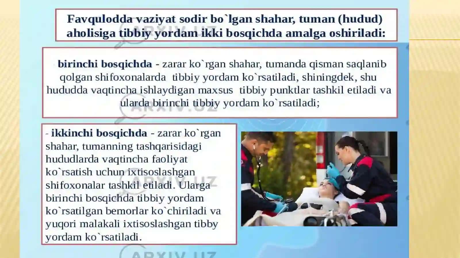 Aholini dushman tajovuzi xavfi paytida vashikastlanganaholini davolash-ko’chirish tibbiy ta’minlash. Tibbiy muassasalarni ko’chirish 4