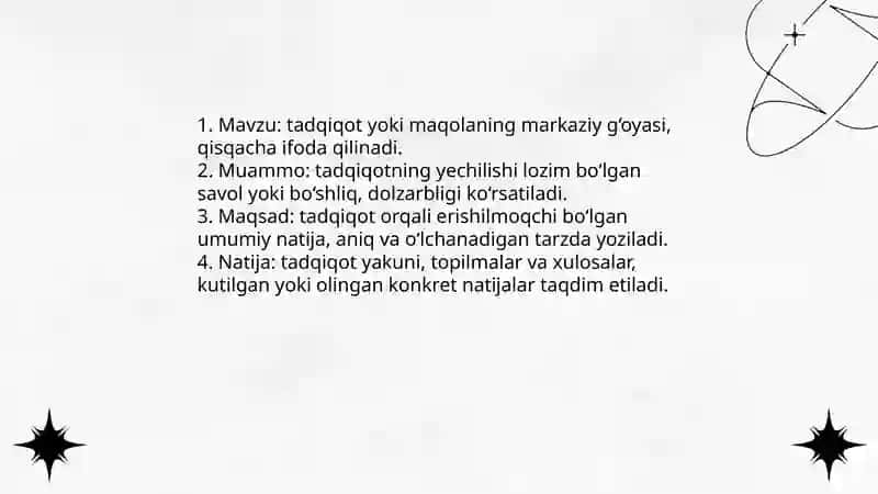 Annotatsiya va tezis akademik yozuv janrlari sifatida mavzusida 15 ta test tuzish kk 4
