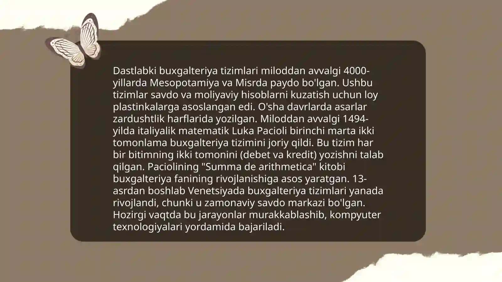 Buxgalter kasbining tarixiy rivojlanishi va kasb mahoratiga qo'yilgan talablar Manazarova Durdona 4