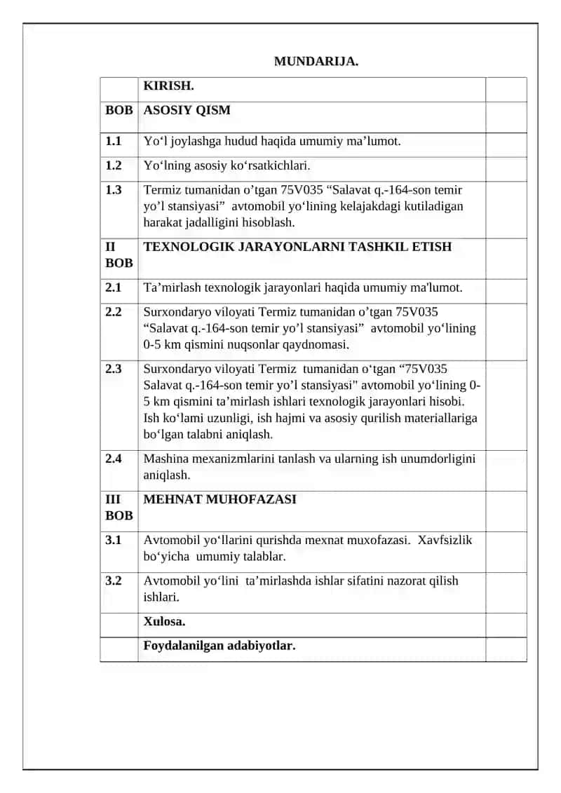“75V035 Salavat q. – 164-sonli temir yo’l stansiyasi” “avtomobil yo’lining  0-5 km qismlarini  ta’mirlash texnologik jarayonlarini ishlab chiqish 4