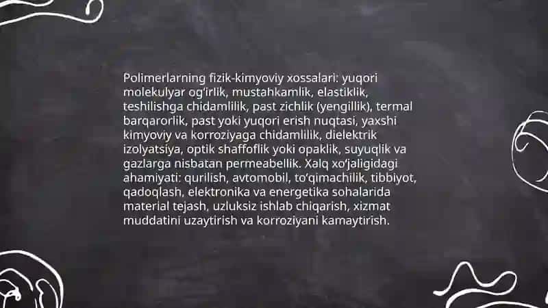 Tabiiy va sun'iy yuqori molekulyar birikmalarning xalq xoʻjaligidagi ahamiyati 4