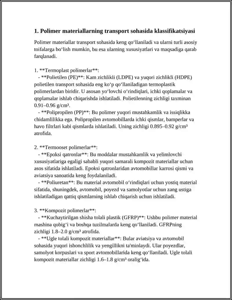 POLIMER MATRIALLAR VA ULARNING TRANSPORT SOHASIDA ISHLATILISHI 4