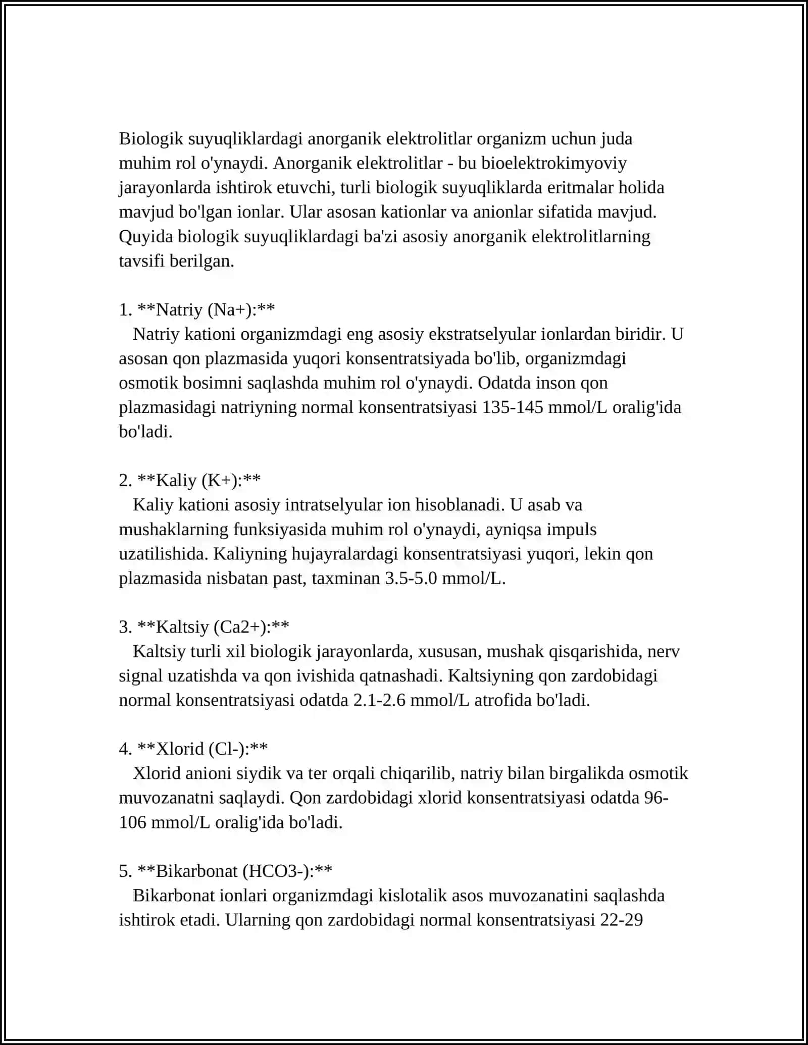 ORGANIZM BIOLOGIK SUYUQLIKLARI ELEKTROLIT VA NOELEKTROLITLARI ERITMALARI SIFATIDA 4