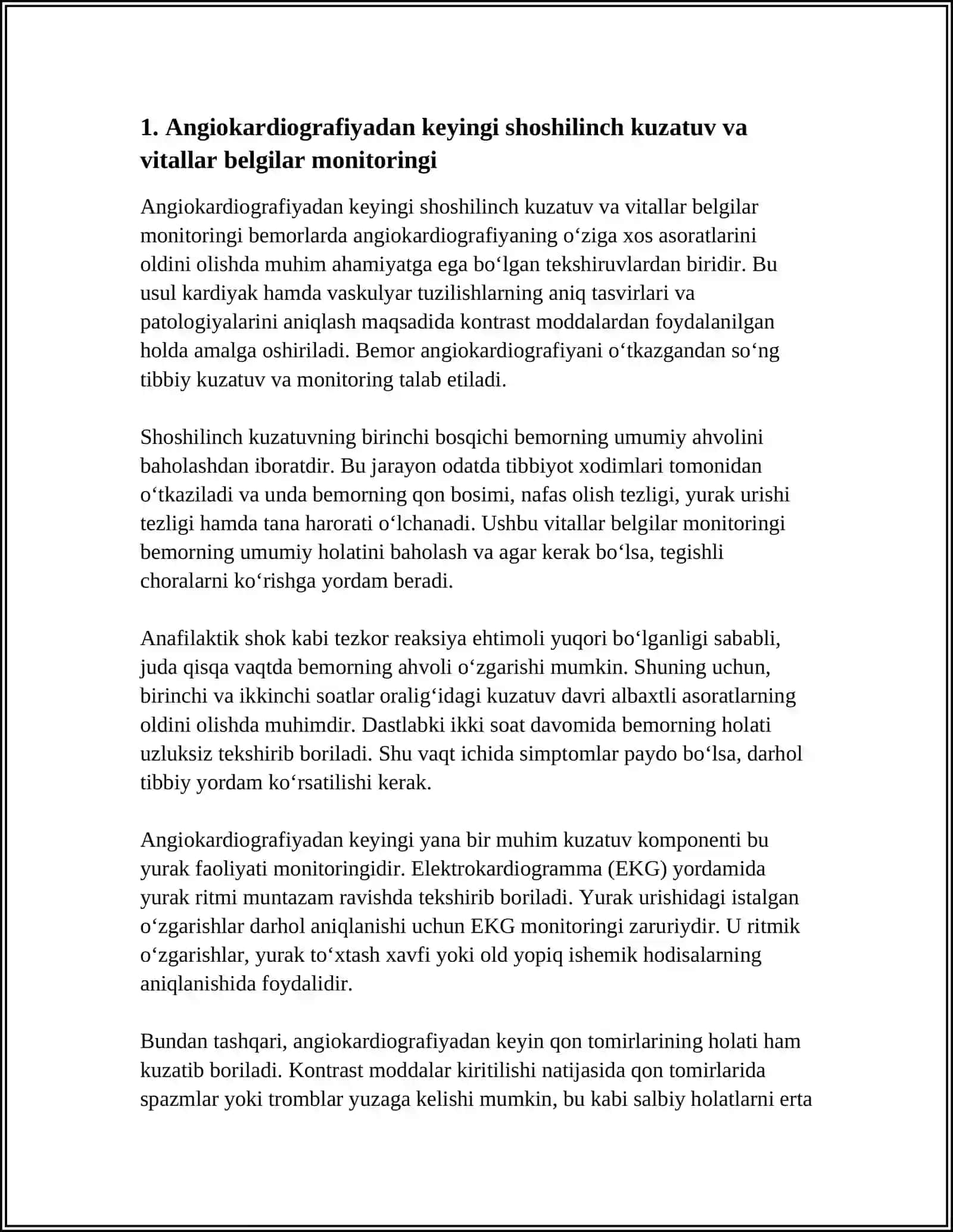 BEMORLARDA ANGIOKARDIOGRAFIYA OʻTKAZISHNI TEKSHIRUVDAN SOʻNG BEMORLARNI KUZATISH ASORATLARNI OLDINI OLISH 4